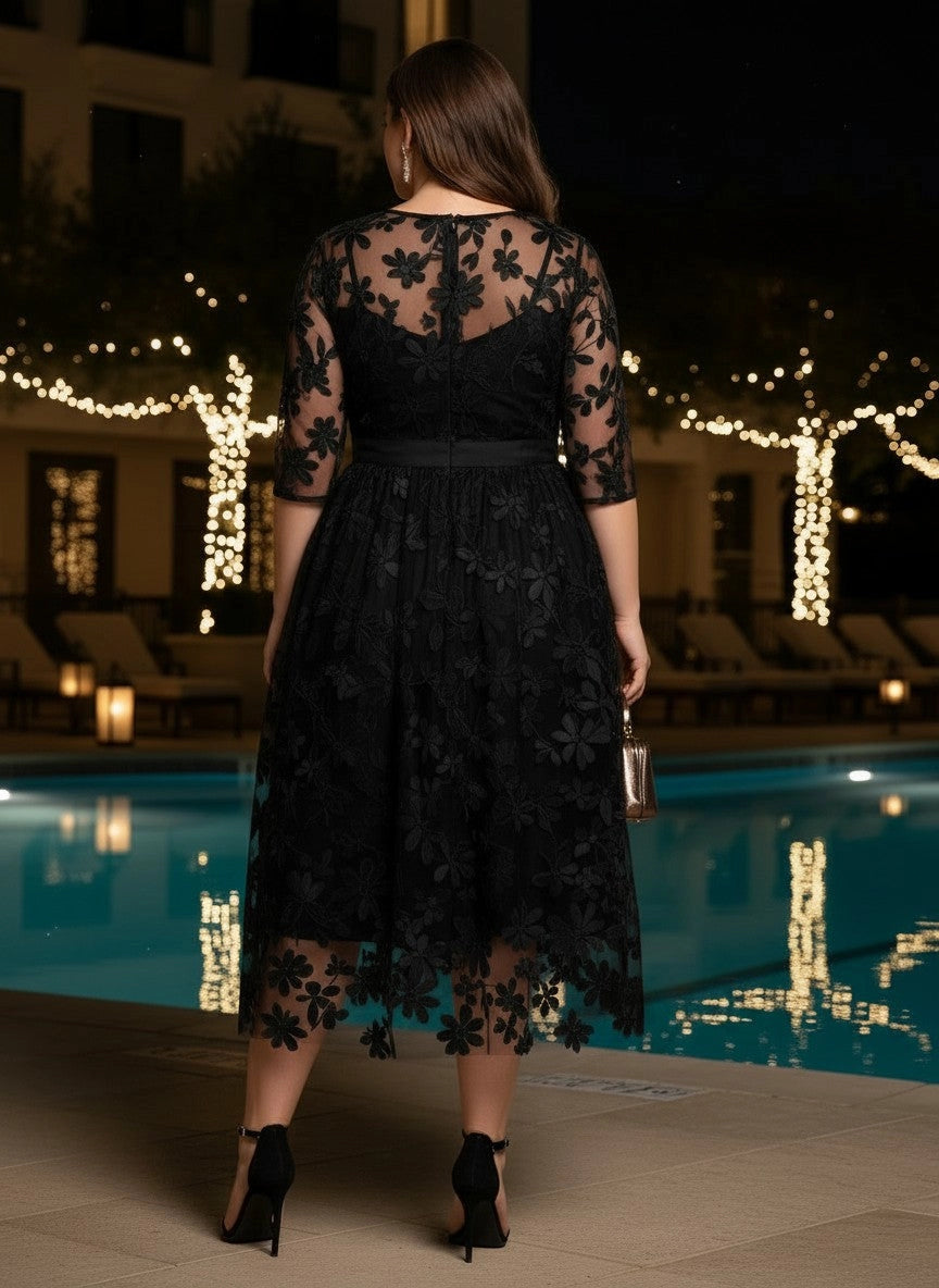Roselledress tulle lace formal dress plus size sheer lace back invisible zipper mother of bride midi dress back view
