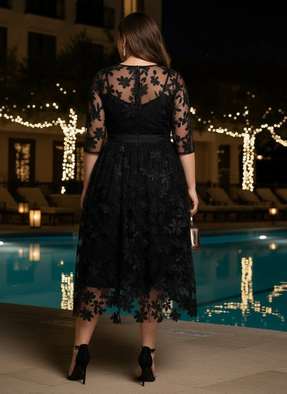 Roselledress tulle lace formal dress plus size sheer lace back invisible zipper mother of bride midi dress back view
