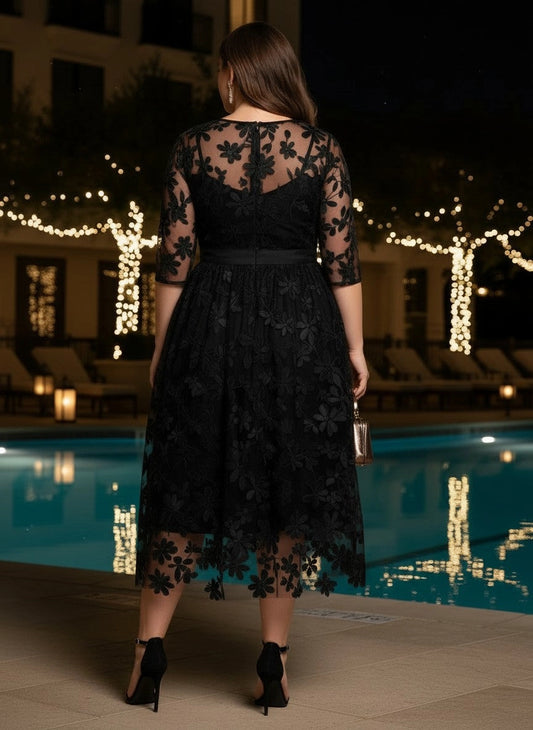 Roselledress tulle lace formal dress plus size sheer lace back invisible zipper mother of bride midi dress back view