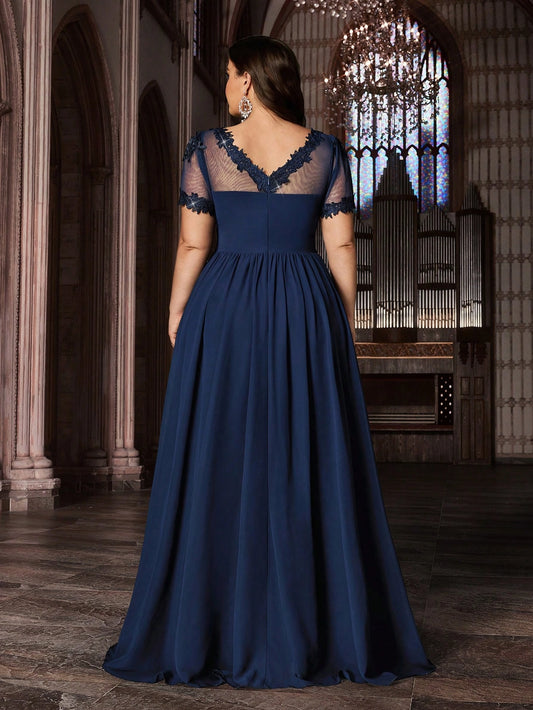 Back view Roselledress navy plus size a‑line prom dress v‑back lace floor‑length mother of bride gown