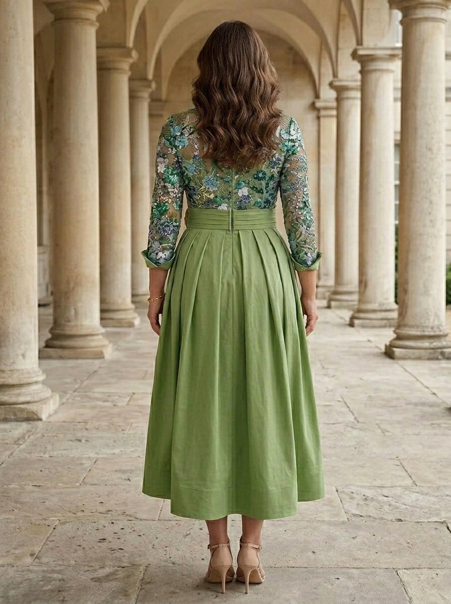 Roselledress plus size formal mother dress back view, sheer floral lace upper zipper back pleated midi evening dress