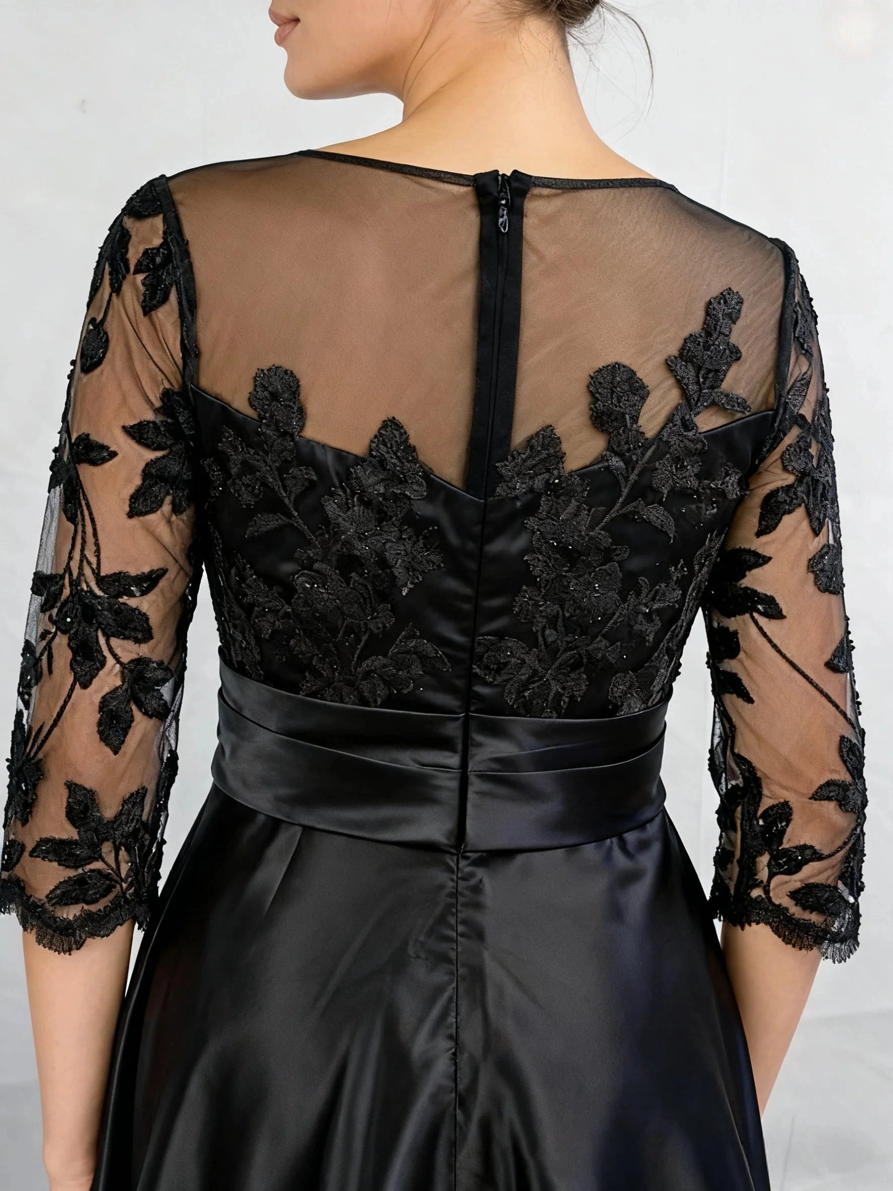back view roselledress plus size mother of bride gown full illusion mesh floral lace back hidden zipper wide satin waistband black floor dress