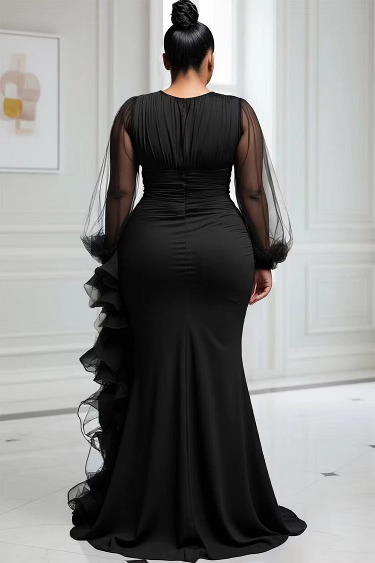 Roselledress Glamorous Mermaid Round Neck Long Sleeve Back Zipper Ruffled Slit Plus Size Prom Dress