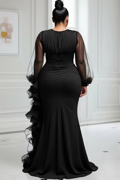 Roselledress Glamorous Mermaid Round Neck Long Sleeve Back Zipper Ruffled Slit Plus Size Prom Dress