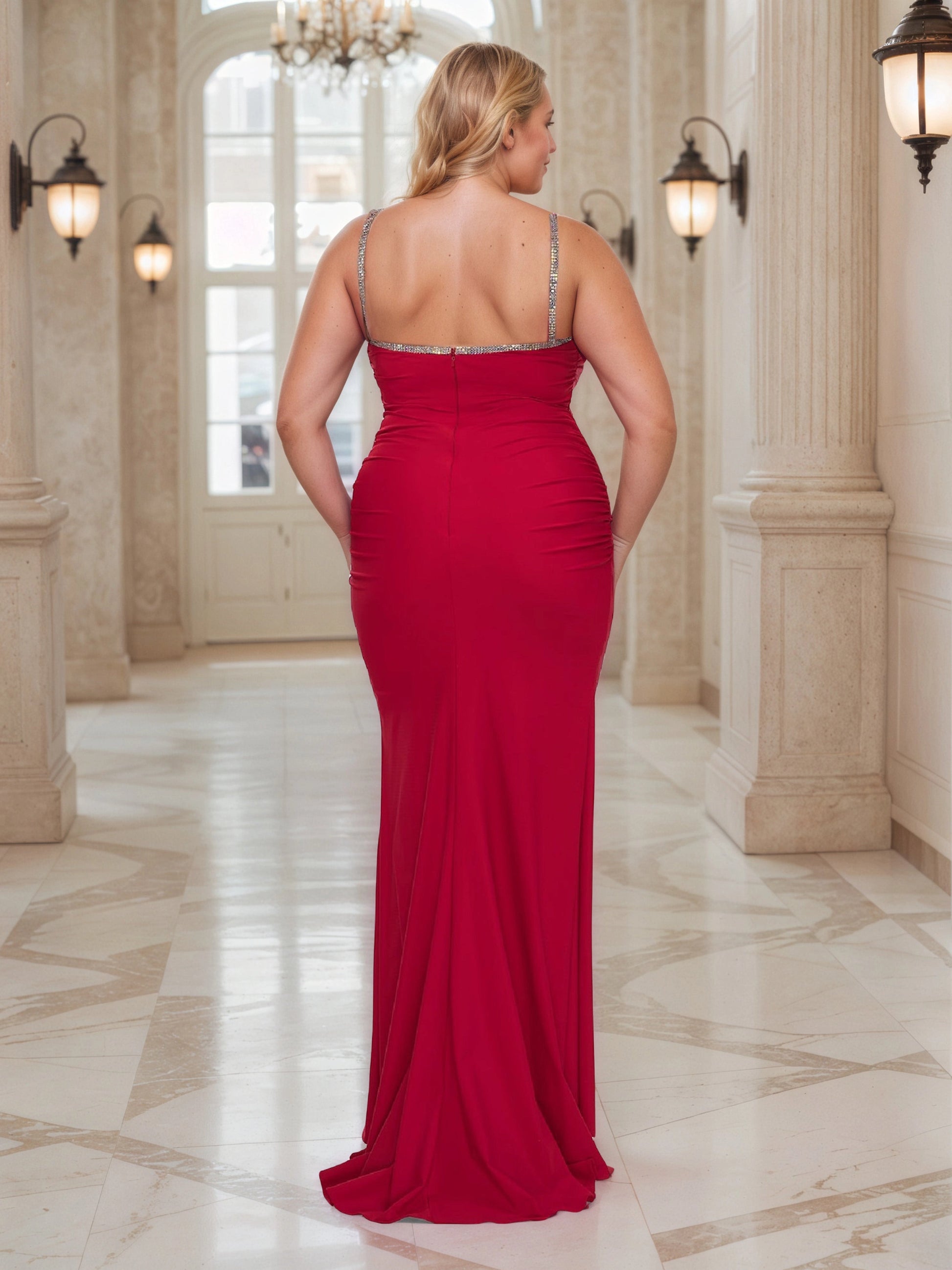 RoselleDress red plus‑size mermaid wedding guest gown rhinestone square back zipper closure full back ruching dress back view floor‑length formal gown