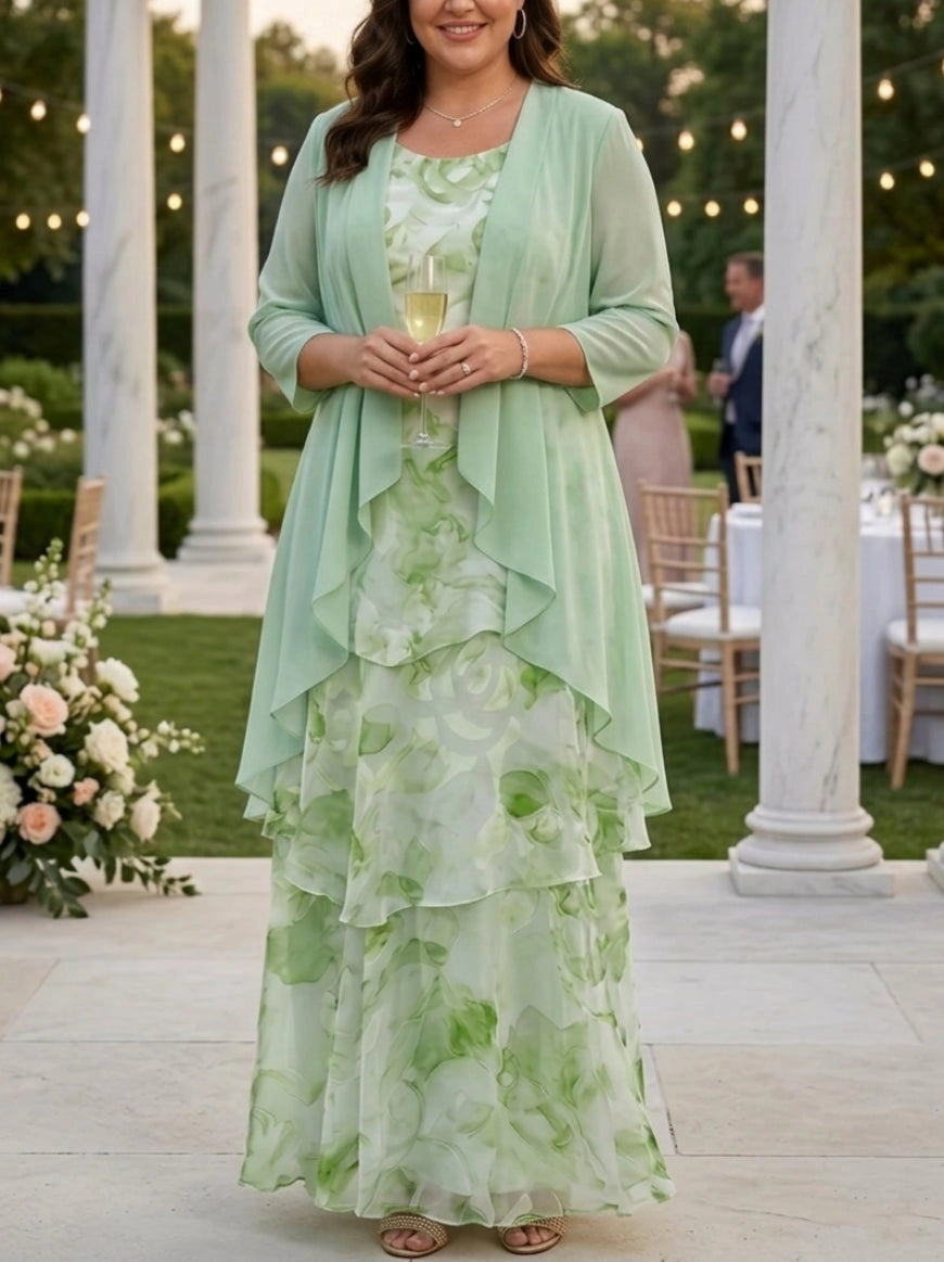 A-Line Scoop Sleeveless Tiered Back Zipper Chiffon Maxi Two Piece Plus Size Mother Of Bride Dress