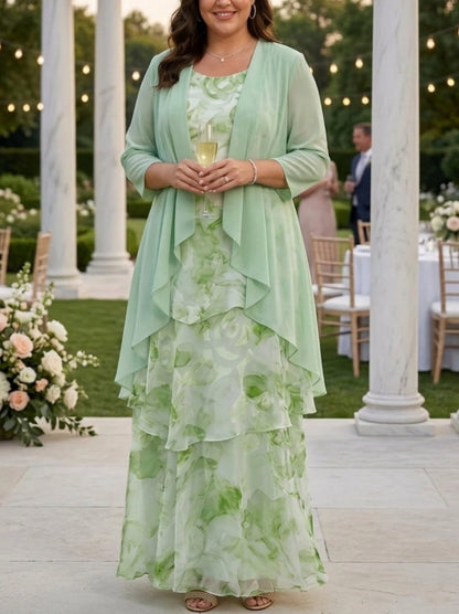 A-Line Scoop Sleeveless Tiered Back Zipper Chiffon Maxi Two Piece Plus Size Mother Of Bride Dress