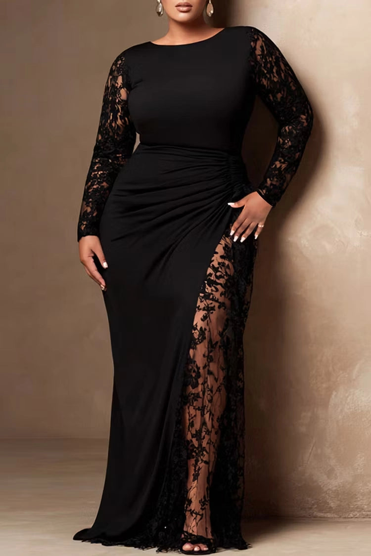 RoselleDress Black Mermaid Boat Neck Long Lace Sleeve Zip Back Ruched Slit Maxi Plus Size With Jacket Prom Dress