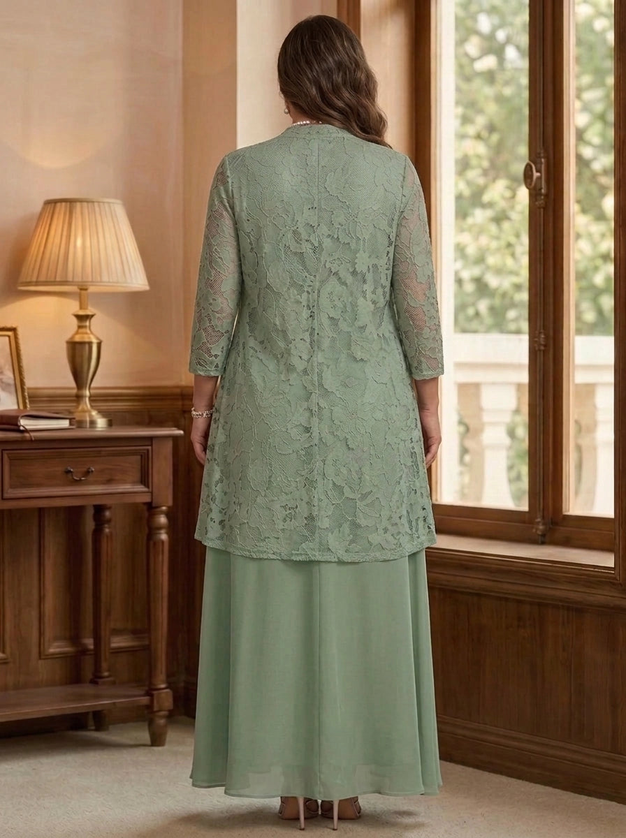 Roselledress plus size 3-piece formal mother dress back view, lace vest zipper back matching long lace coat and flowy chiffon skirt