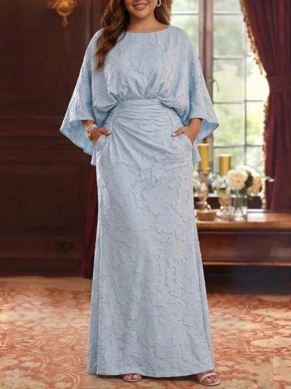 Textured Mermaid Round Neck Batwing Sleeve Zipper Back Maxi Plus Size Mother Of The Bride Dress