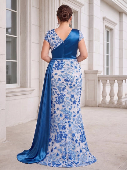 Roselledress plus size mermaid formal dress back view, two-tone v-back center zipper blue floral sequin evening gown