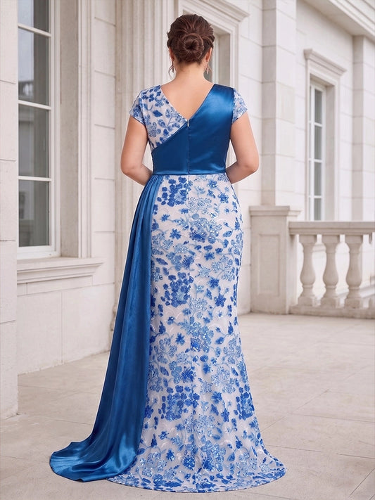 Roselledress plus size mermaid formal dress back view, two-tone v-back center zipper blue floral sequin evening gown