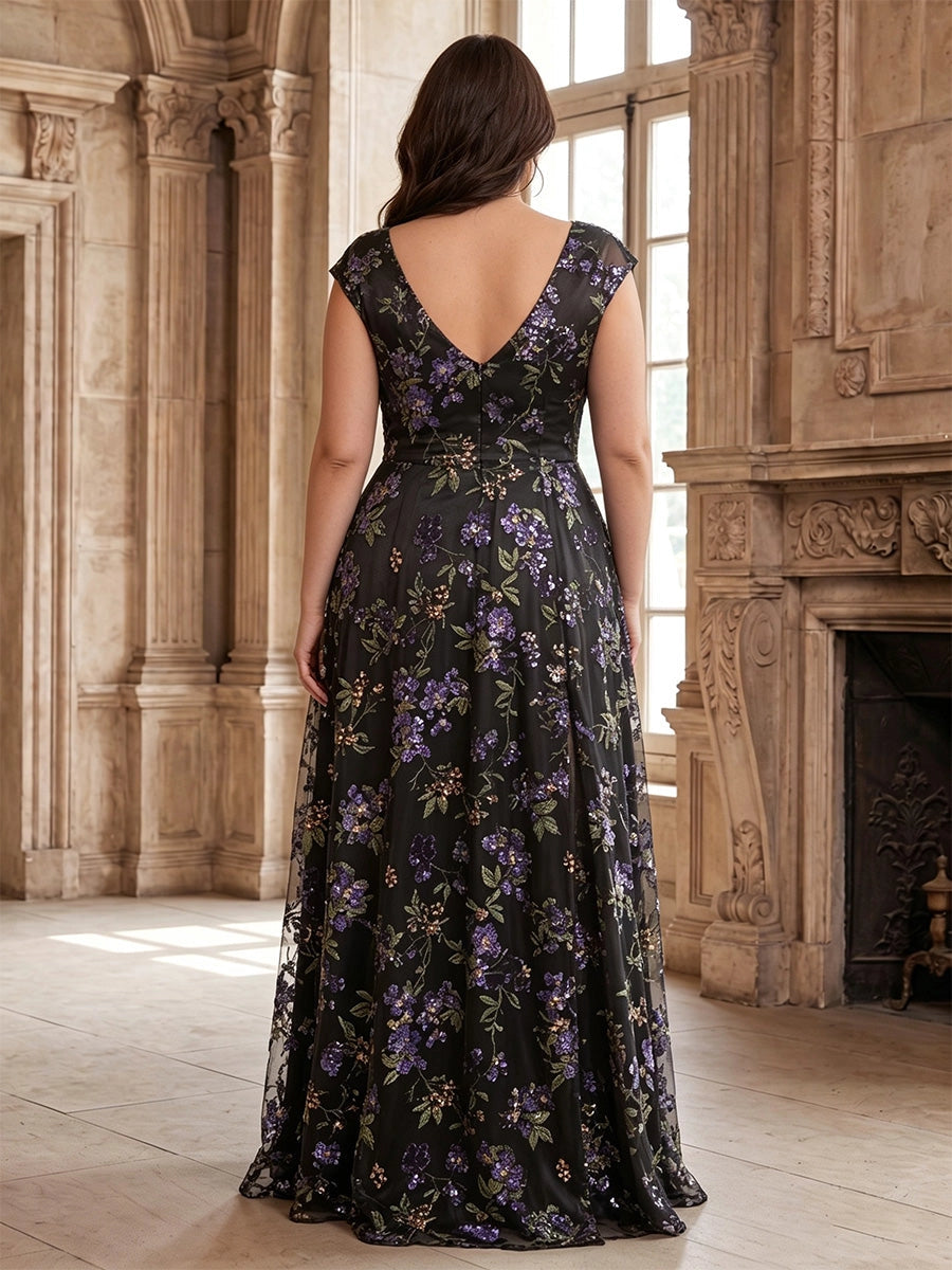 Roselledress plus size floral formal dress back view, deep v-back hidden zipper black tulle sequin floor length gown
