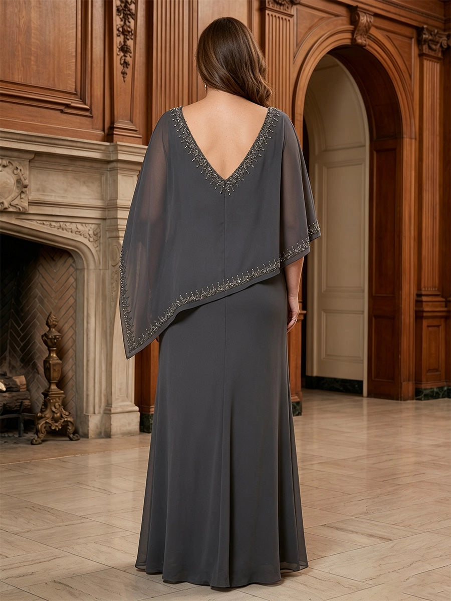 Roselledress beaded chiffon formal dress v back vertical center zipper back view