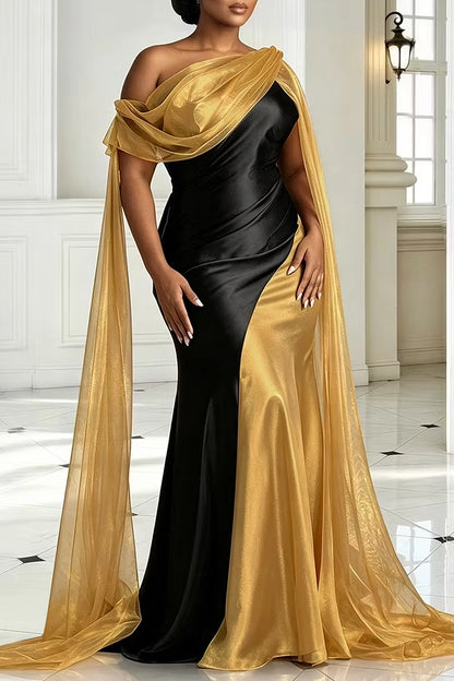 RoselleDress Black Gold Mermaid Off Shoulder Cape Sleeve Zip Back Maxi Satin Plus Size Prom Dress