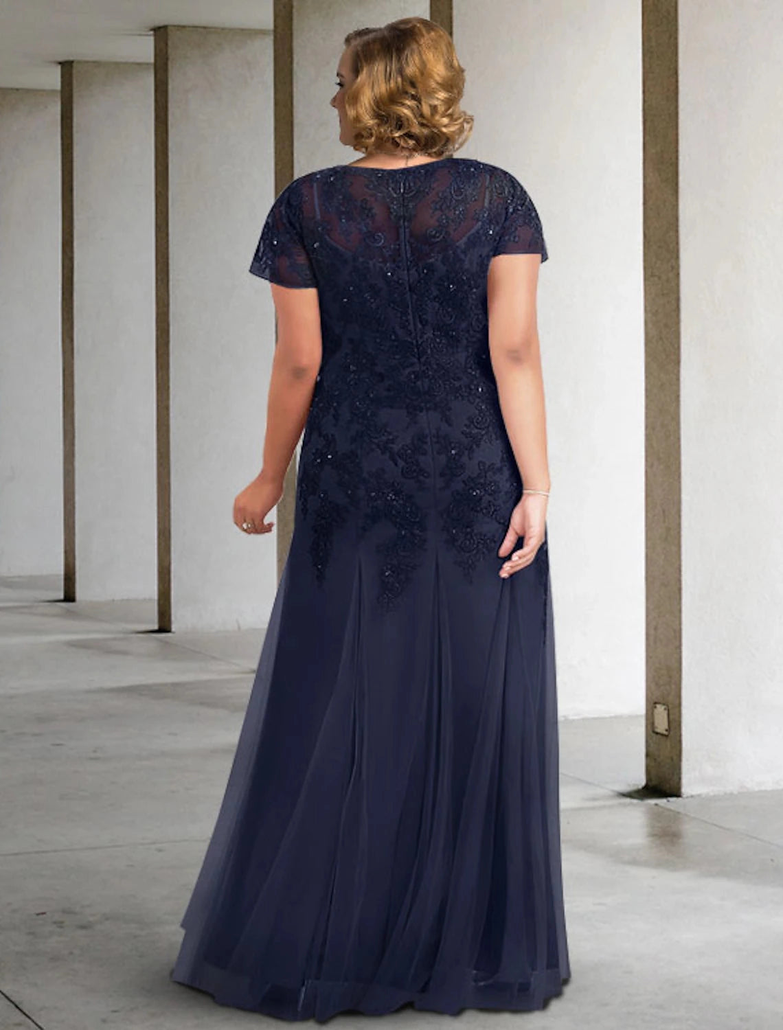 Roselledress navy lace plus size formal dress illusion back beaded mother of bride evening gown back view