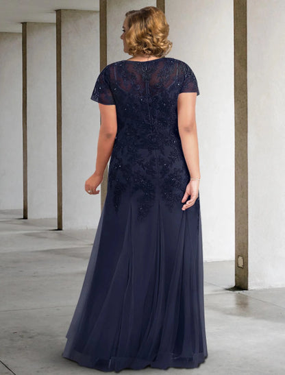 Roselledress navy lace plus size formal dress illusion back beaded mother of bride evening gown back view