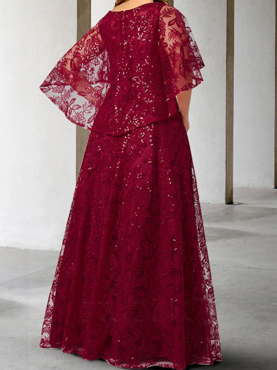 Back view Roselledress burgundy lace sequin mother of bride dress zipper back cape sleeve floor length gown
