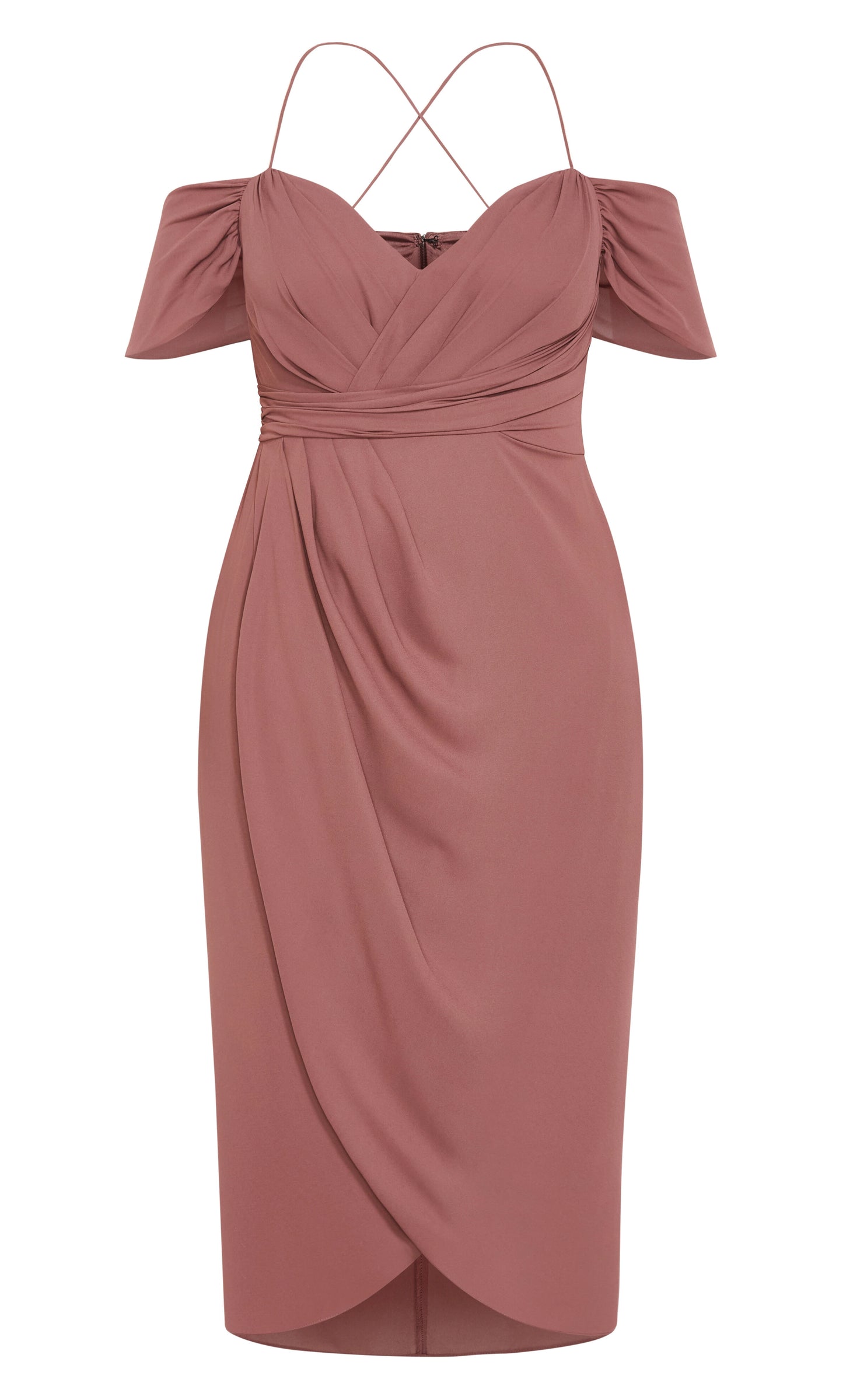 Dusty Rose Off‑The‑Shoulder Criss‑Cross Back Midi Plus Size Wedding Guest Dress