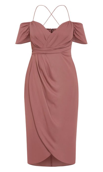 Dusty Rose Off‑The‑Shoulder Criss‑Cross Back Midi Plus Size Wedding Guest Dress
