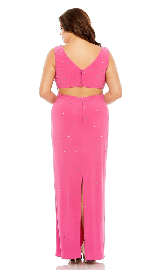 Roselledress plus size rhinestone sheath prom dress back view, midriff cutout and back slit hot pink evening dress