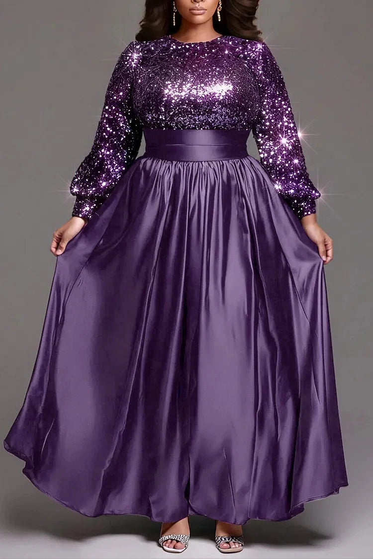 Stunning A‑Line Round‑Neck Long‑Sleeve Closed‑Back Floor‑Length Plus Size Prom Dress