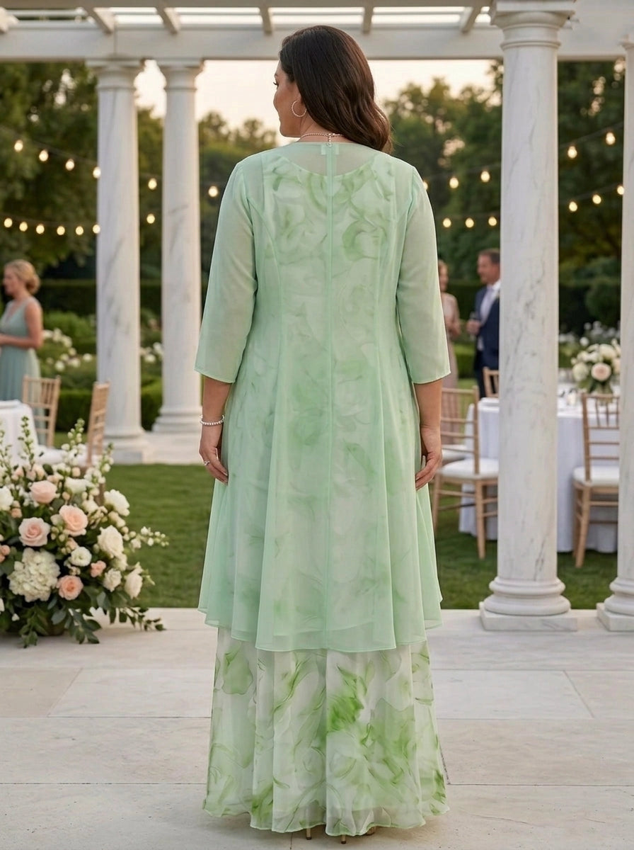 Roselledress sleeveless printed formal dress plus size back zipper matching chiffon jacket maxi dress back view