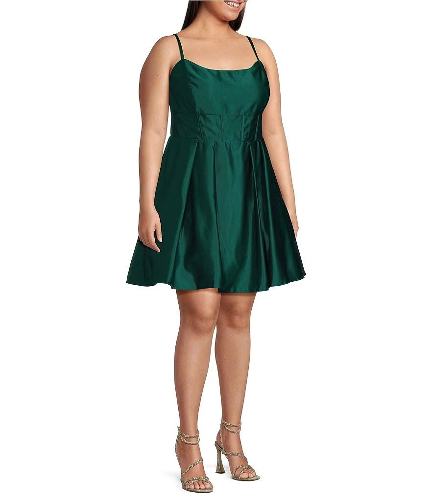 Elegant Plus Size A-Line Square Neck Lace-Up Short Satin Homecoming Dress