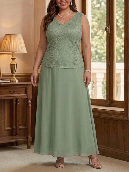 A Line Maxi V Neck 3/4 Sleeve Zipper Back 3 Piece Lace Chiffon Plus Size Mother Of The Bride Dress