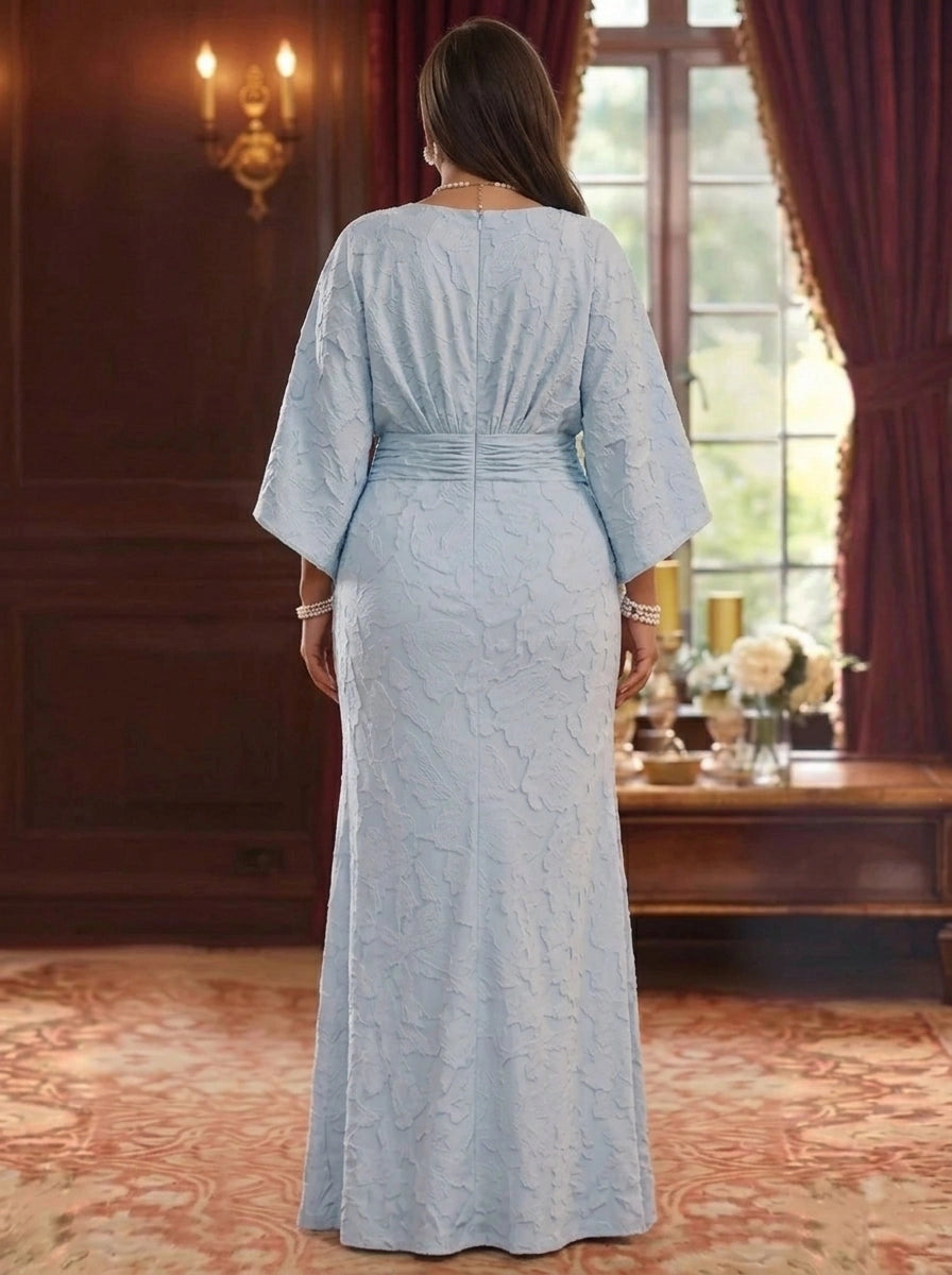 Roselledress plus size formal mother dress back view, gathered waist hidden zipper back textured long wedding guest gown