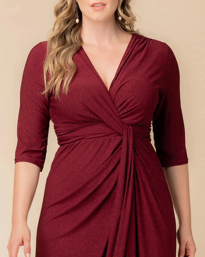 Champagne Plus Size Shimmer Twist‑Front 3/4 Sleeve Maxi Wedding Guest Dress