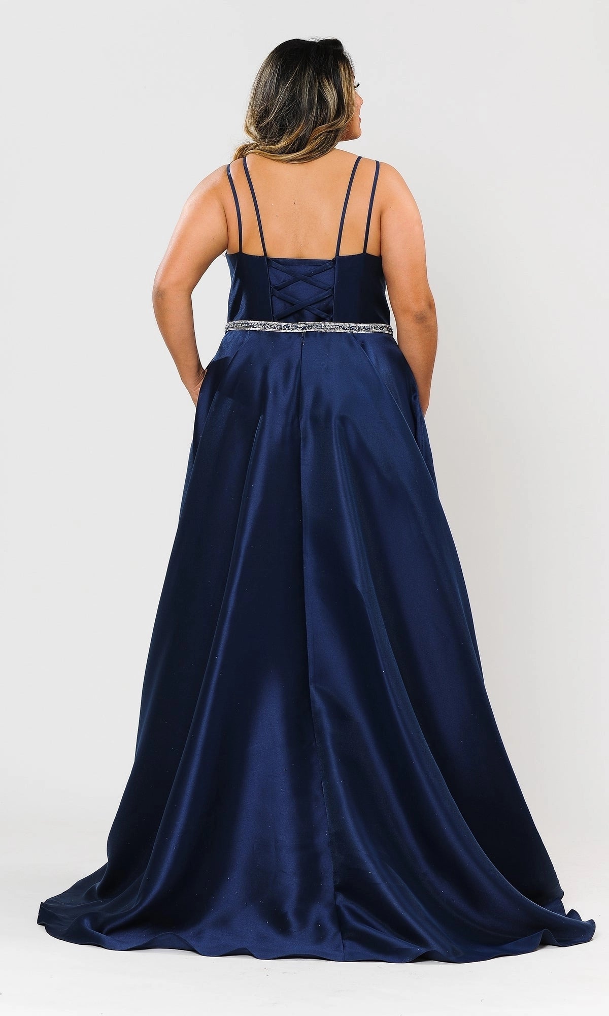 dress plus size navy satin formal dress lace up crisscross back long evening gown with train