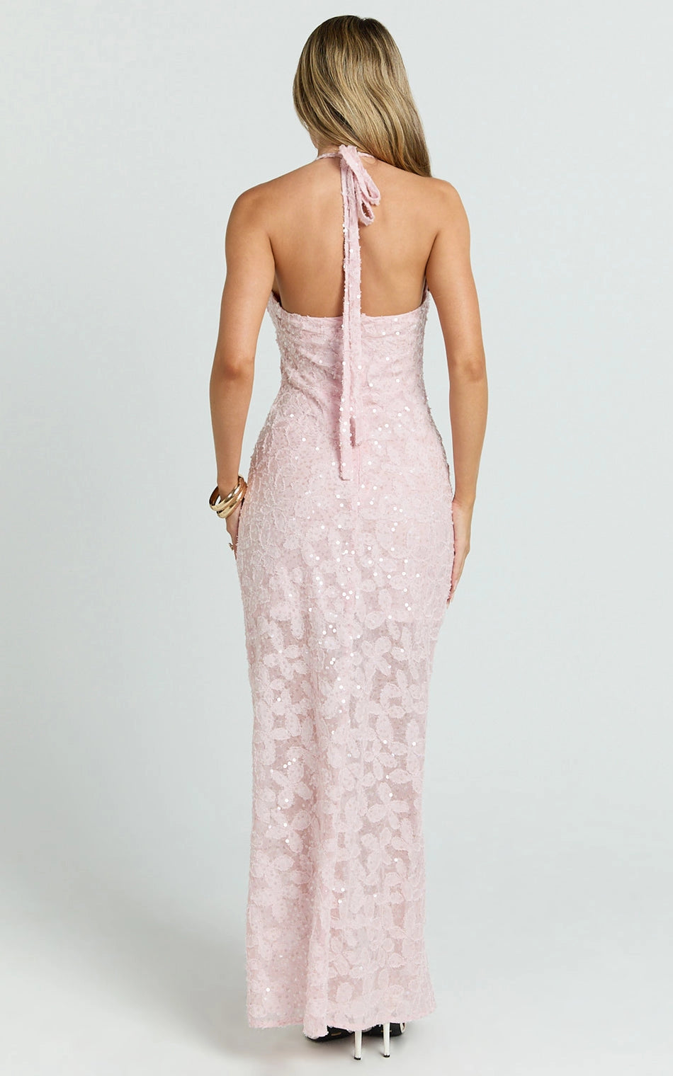 Roselledress tie back halter plus size maxi dress back view, sheer sequin floral evening bridesmaid dress