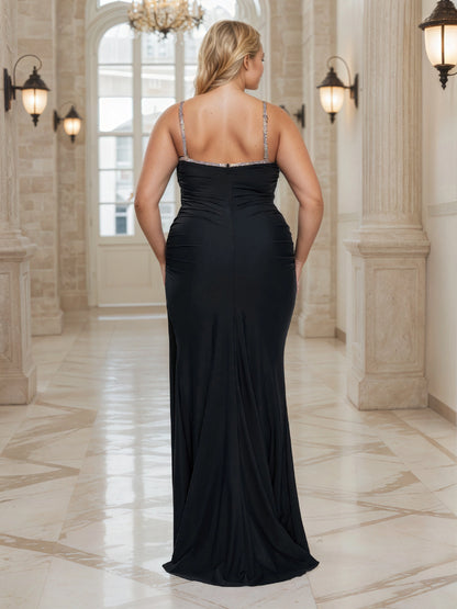 Plus‑Size Rhinestone‑Trim Square Neck Spaghetti‑Strap Ruched Mermaid Floor‑Length Wedding Guest Dress