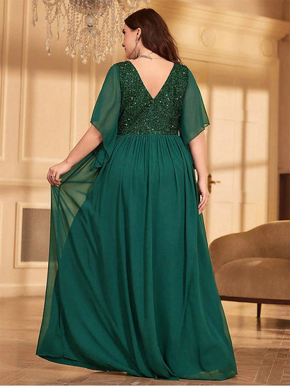 Roselledress emerald green chiffon plus size formal dress sequin v‑back floor‑length evening gown back view