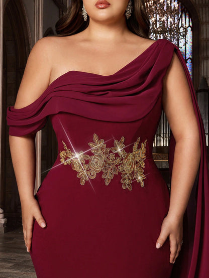 Plus Size Burgundy Mermaid One‑Shoulder Cape‑Sleeve Open‑Back Floor‑Length Prom Dress