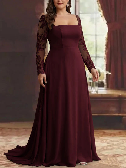 RoselleDress Satin A-Line Straight Neck Lace Long Sleeve Zip Back Train Floor Length Plus Size Mother Of Bride Dress