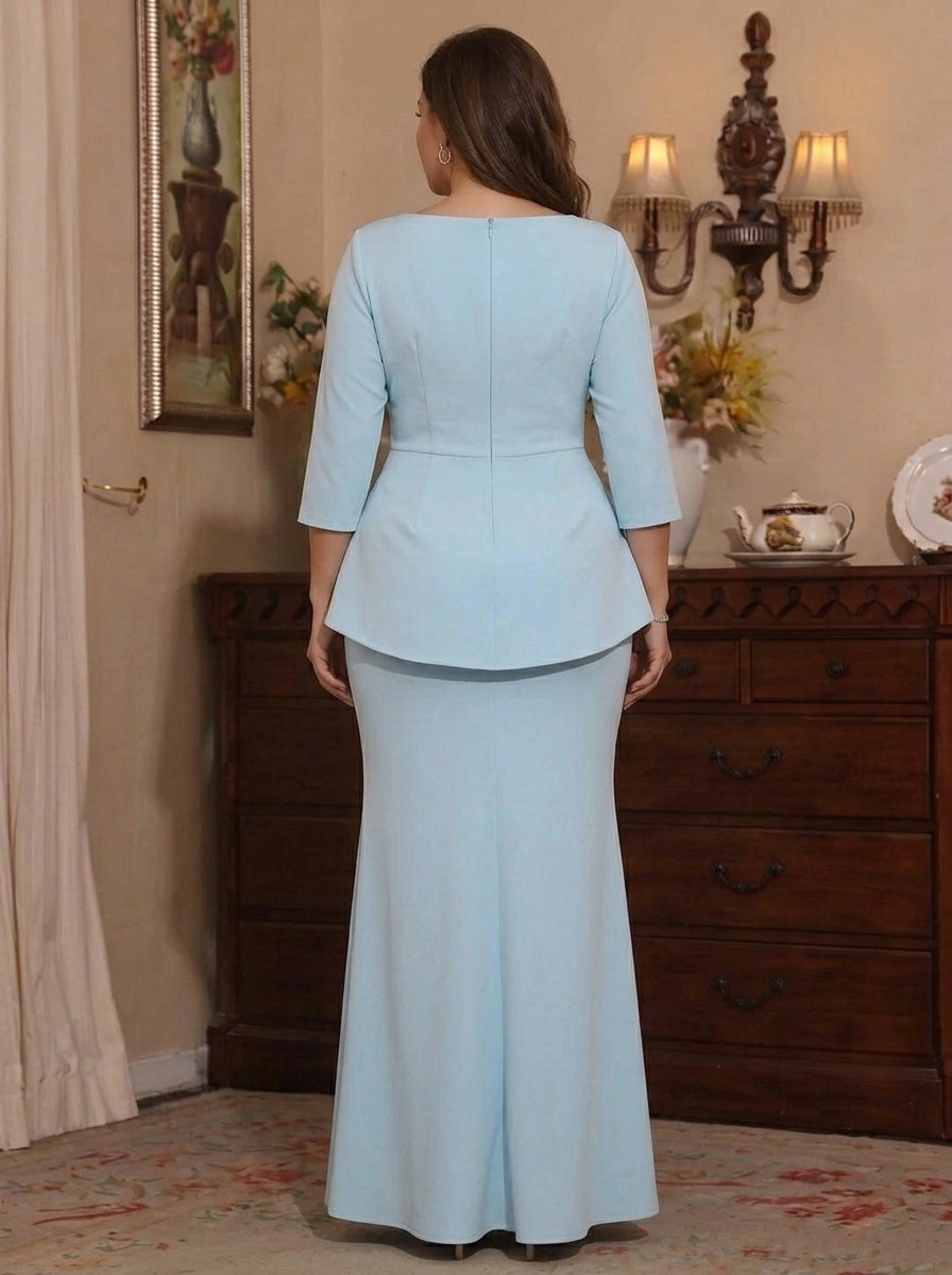 Roselledress plus size formal mother dress back view, solid peplum design zipper back elegant long mermaid evening gown