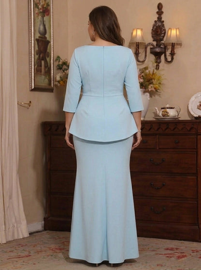 Roselledress plus size formal mother dress back view, solid peplum design zipper back elegant long mermaid evening gown