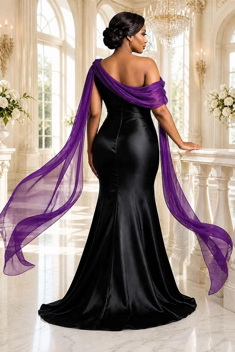 RoselleDress Black Gold Mermaid Off Shoulder Cape Sleeve Zip Back Maxi Satin Plus Size Prom Dress