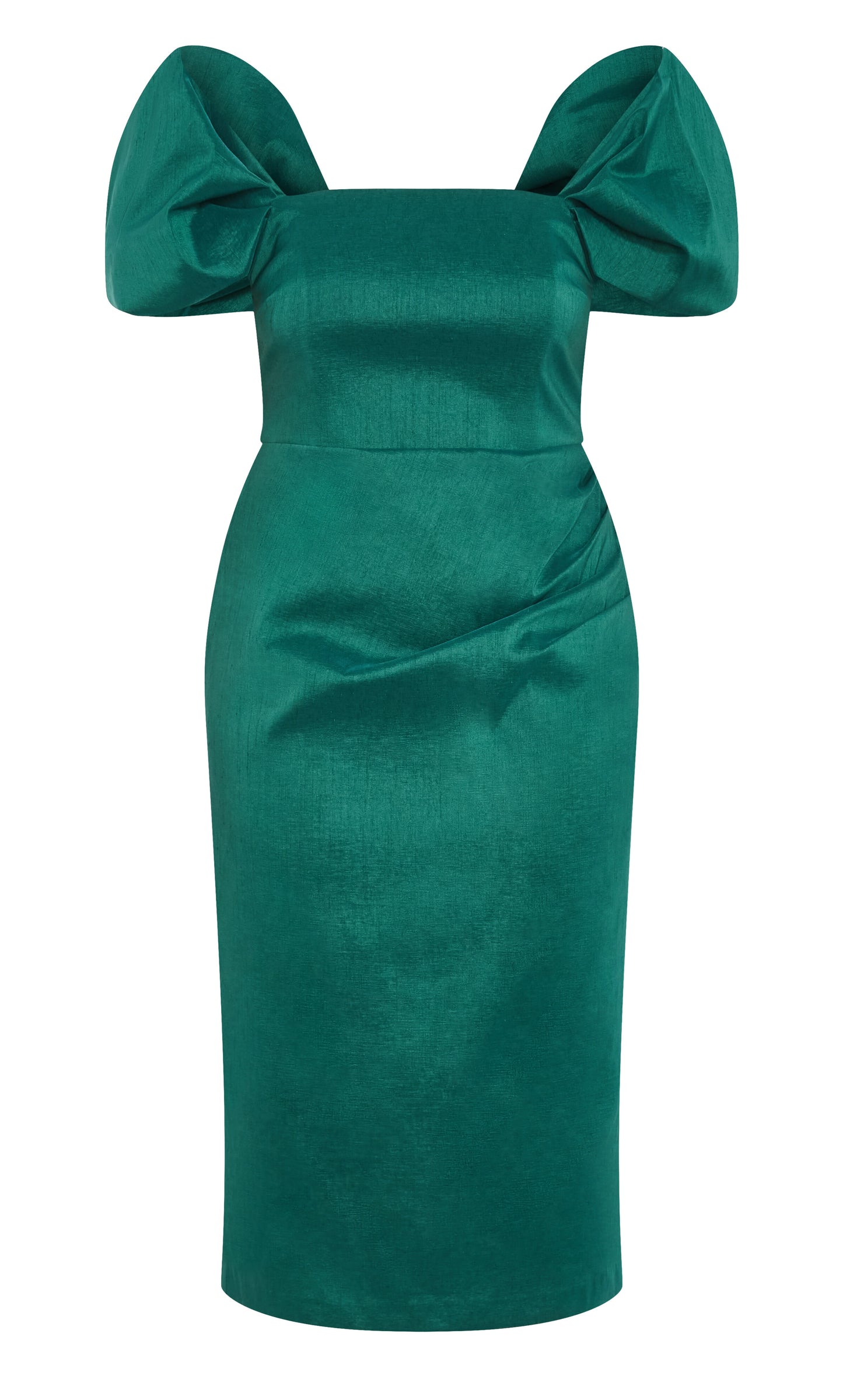 Plus‑Size Off‑The‑Shoulder Puff Sleeve Ruched Midi Sheath Wedding Guest Dress