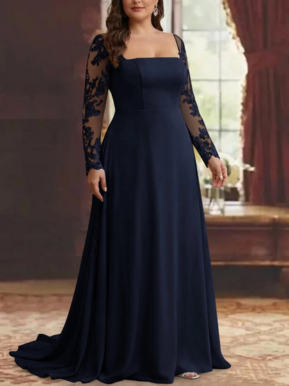 RoselleDress Satin A-Line Straight Neck Lace Long Sleeve Zip Back Train Floor Length Plus Size Mother Of Bride Dress