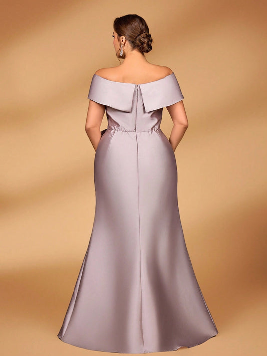 Back view Roselledress lavender plus size mermaid prom dress zipper back with side pockets floor‑length satin formal dress