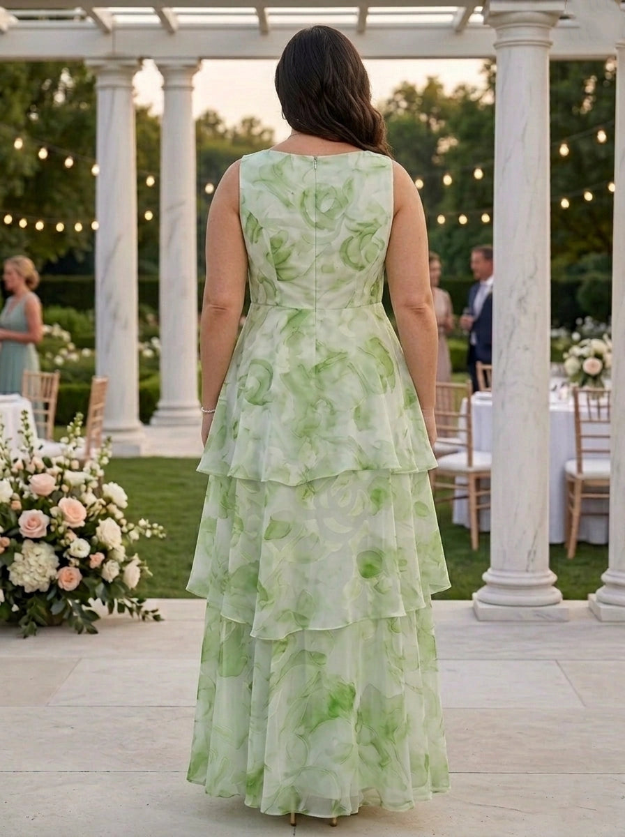 A-Line Scoop Sleeveless Tiered Back Zipper Chiffon Maxi Two Piece Plus Size Mother Of Bride Dress