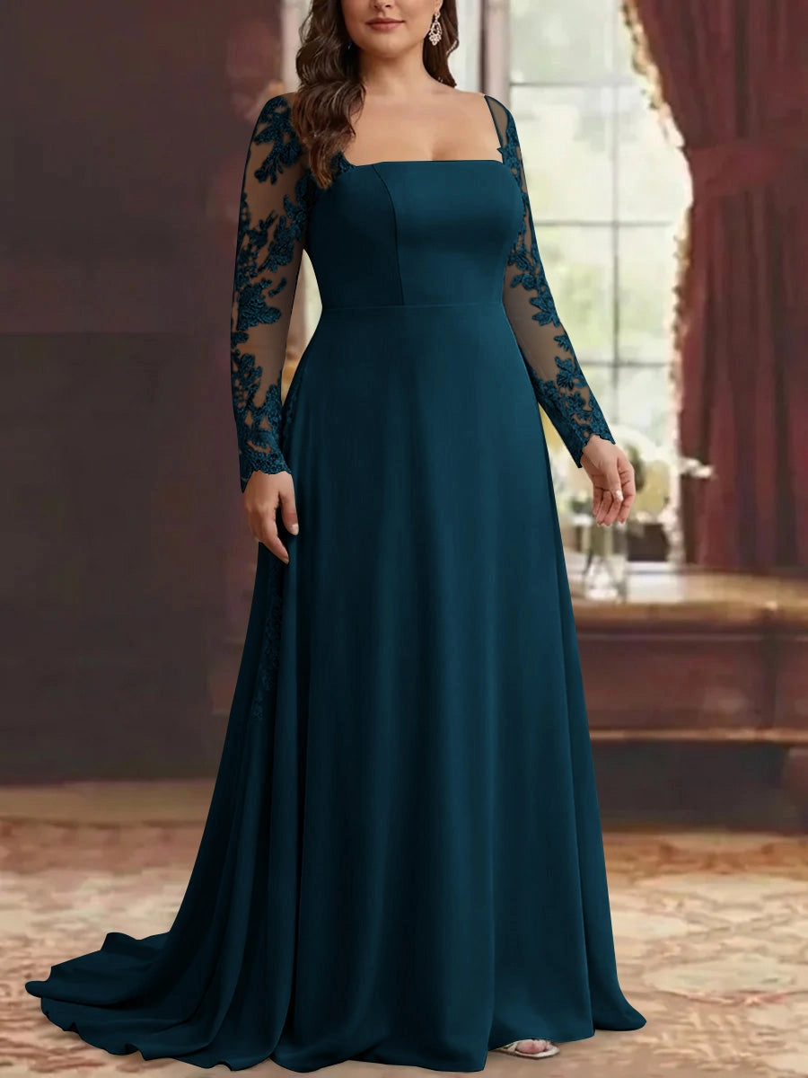 RoselleDress Satin A-Line Straight Neck Lace Long Sleeve Zip Back Train Floor Length Plus Size Mother Of Bride Dress