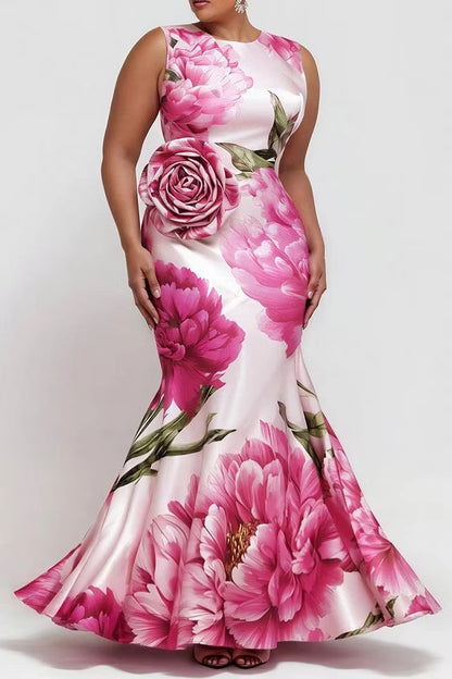 Roselledress Floral Mermaid Round Neck Sleeveless Zip Back 3D Rose Satin Plus Size Prom Dress