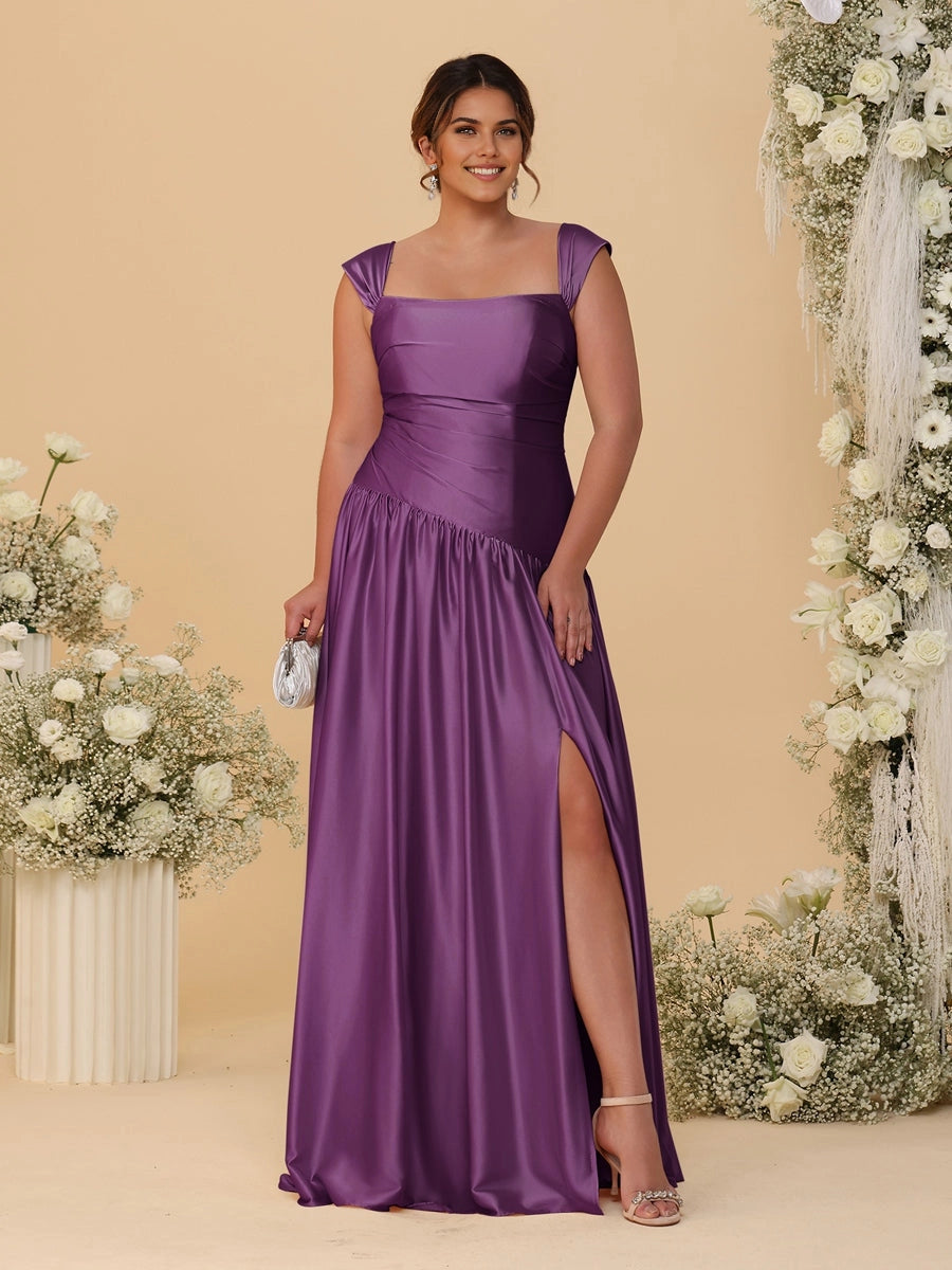 Stunning Champagne A‑Line Convertible‑Neck Ruched Zip‑Back High‑Slit Floor‑Length Bridesmaid Dress