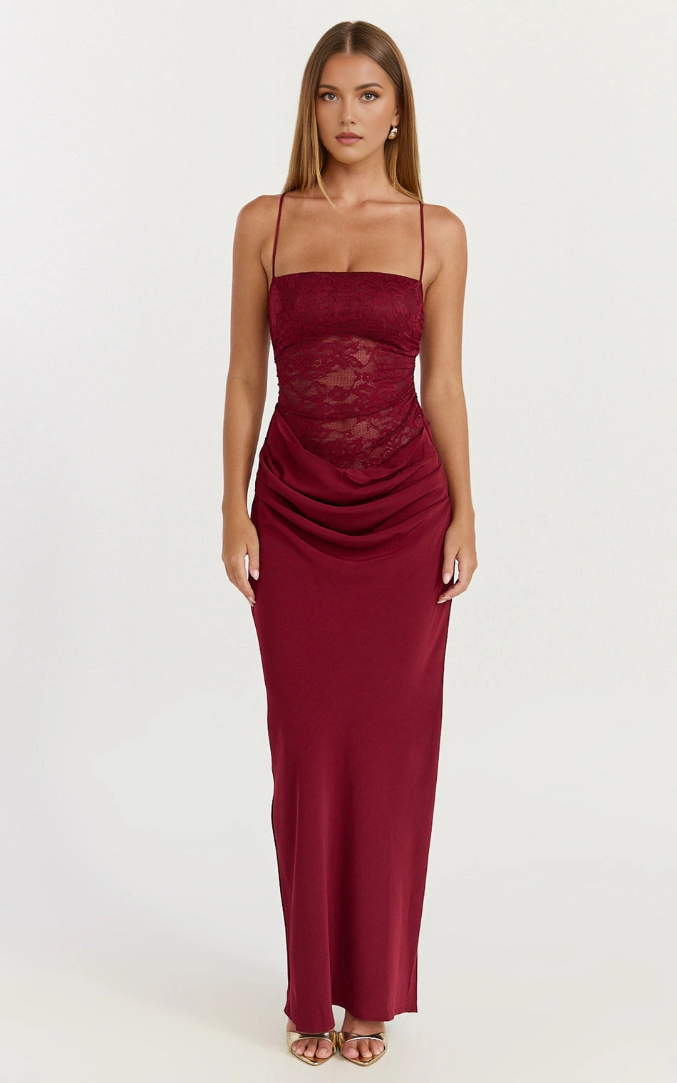 Mermaid Spaghetti Strap Sheer Lace Waist Ruched Plus Size Wedding Guest Dress