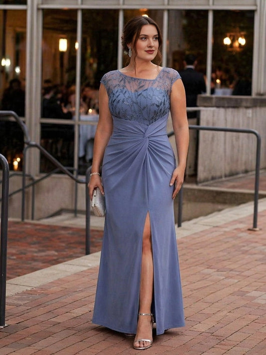 Elegant Sheath Bateau Neck Cap Sleeve Sheer Back Floor-Length Mother of the Bride Dress