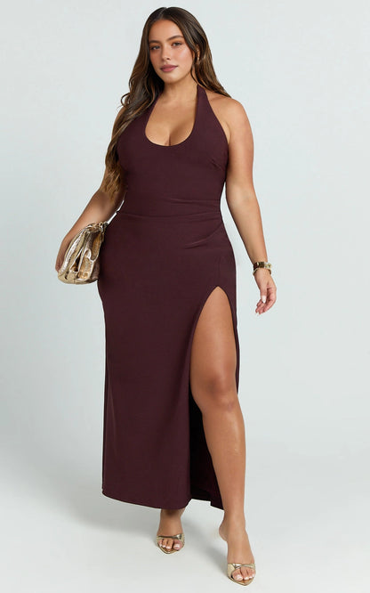 Bodycon Halter U Neck Open Back High Slit Plus Size Wedding Guest Maxi Dress 